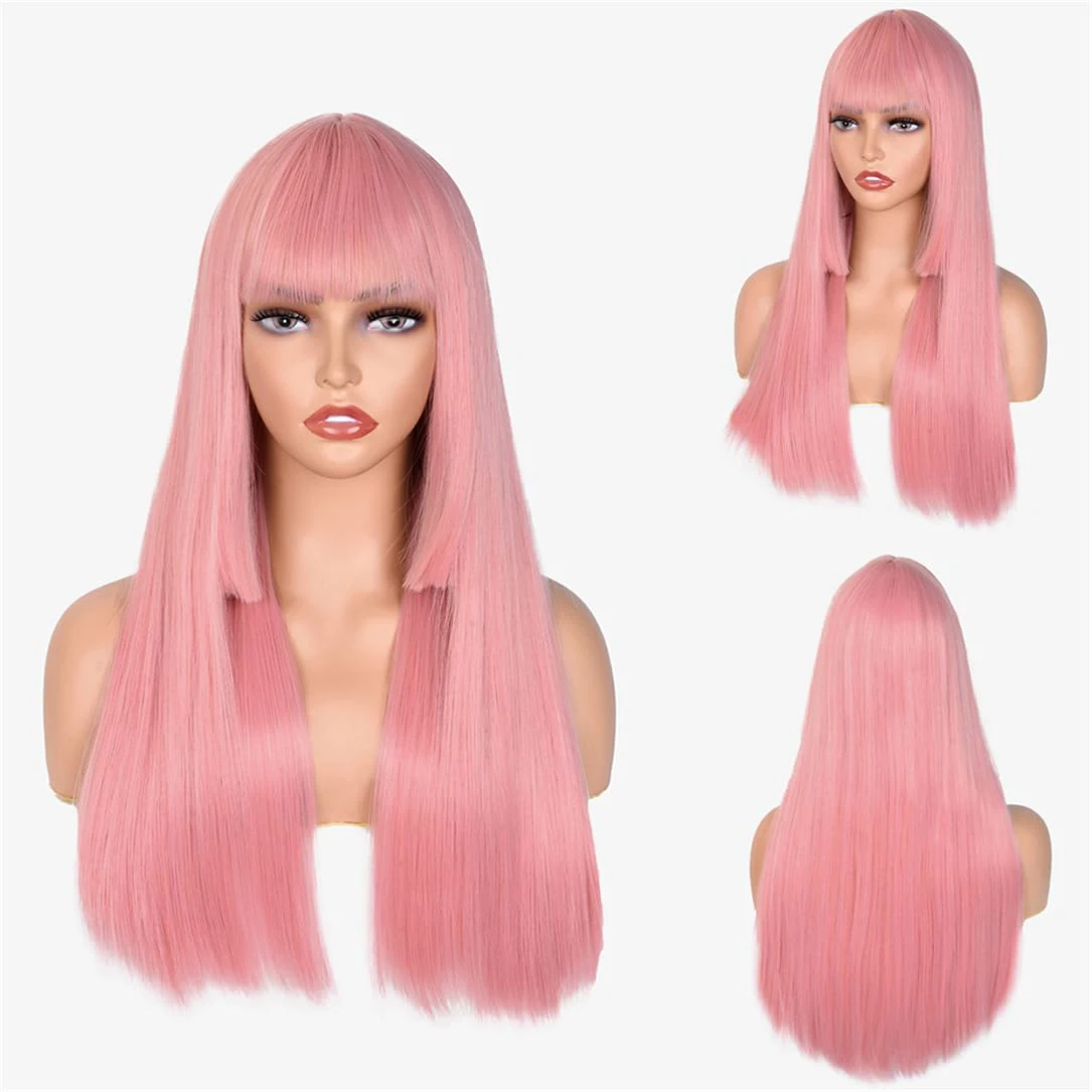 Wig sintetis lurus merah muda panjang dengan poni Wig merah muda muda potongan putri untuk wanita Wig Cosplay berwarna menawan