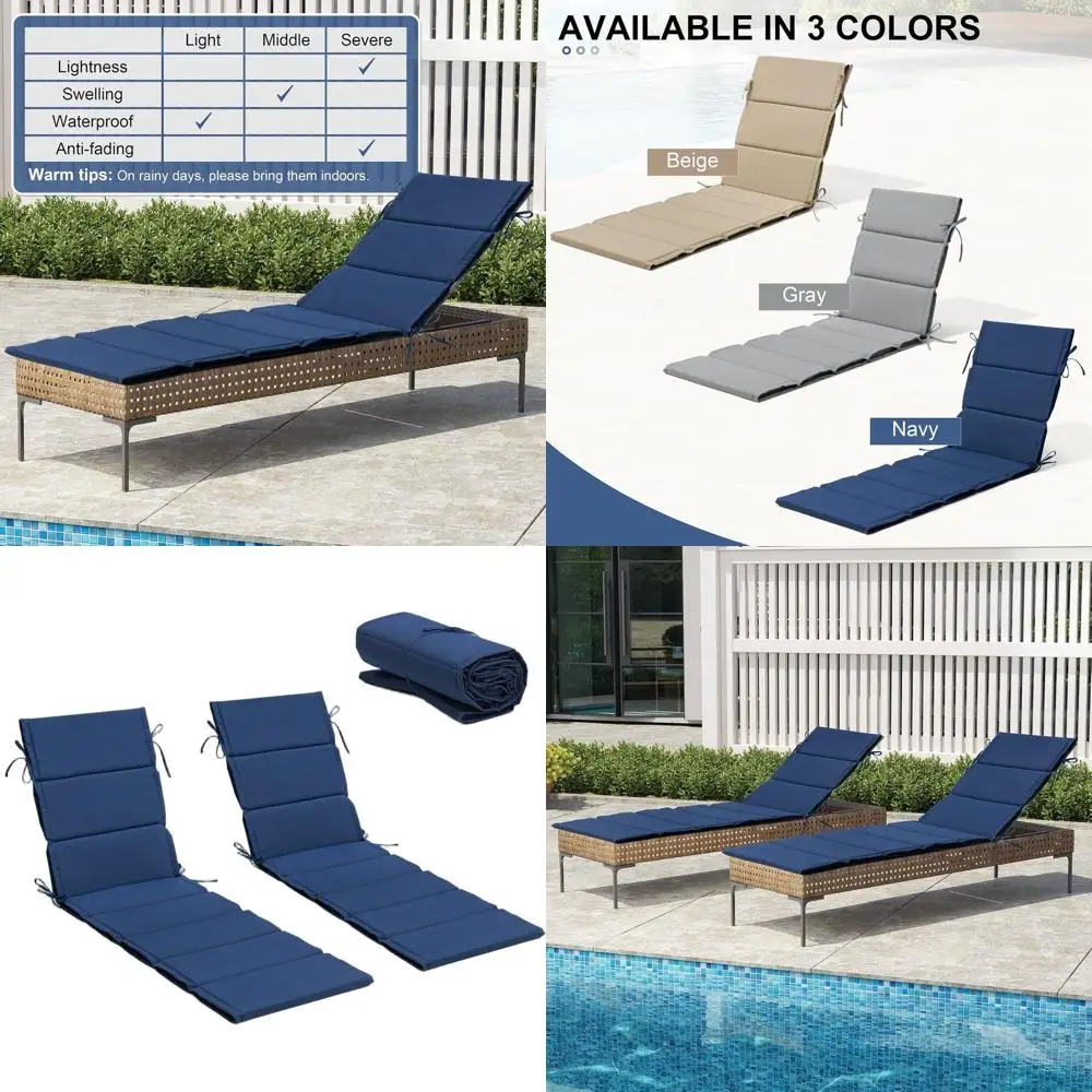 

Набор из 2 подушек для шезлонга на открытом воздухе, 80 x 26 Вт, водонепроницаемые и складные, темно-синие для патио, лужайки, бассейна