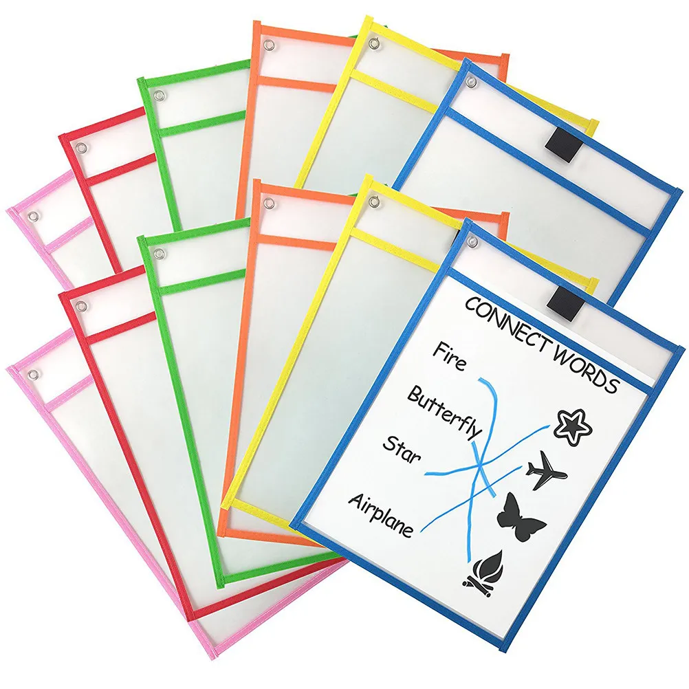 12pcs Clear PVC Dry Erase File Pockets with Marker Holder & Metal Grommet – Waterproof, Reusable for School/Office