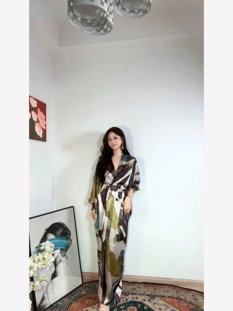 

V-Ne Floral Print Loose Long Sve Women's Dr Vintage Holiday Sle High Waist A-Line Gown Ele Floor-Length Skirt