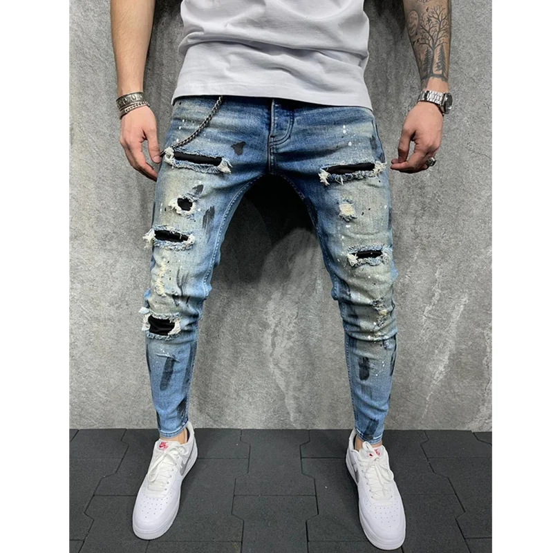 Hommes Jeans genou trou déchiré Skinny extensible Denim pantalon solide Splice couleur bleu automne été Hip-Hop Style pantalon Slim 2023