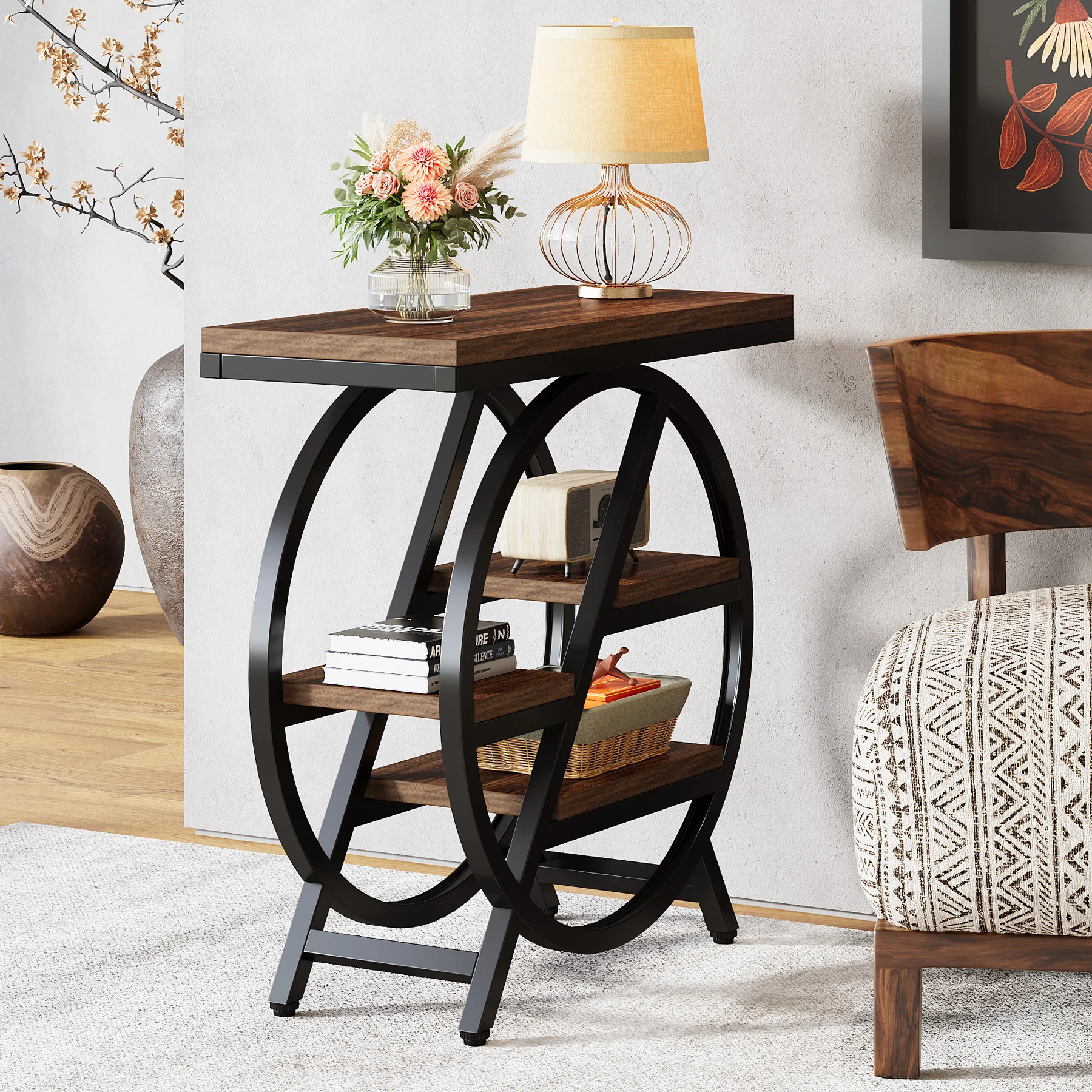 Narrow 3-Tier Side Table with Storage, Industrial Sofa & Bedside Table for Small Spaces, Geometric Metal Frame,