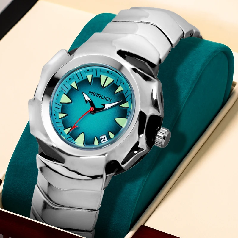 A men's silver strap with a dial displaying dates, cool, gorgeous, fashionable, business, leisure, and gift giving quartz watch