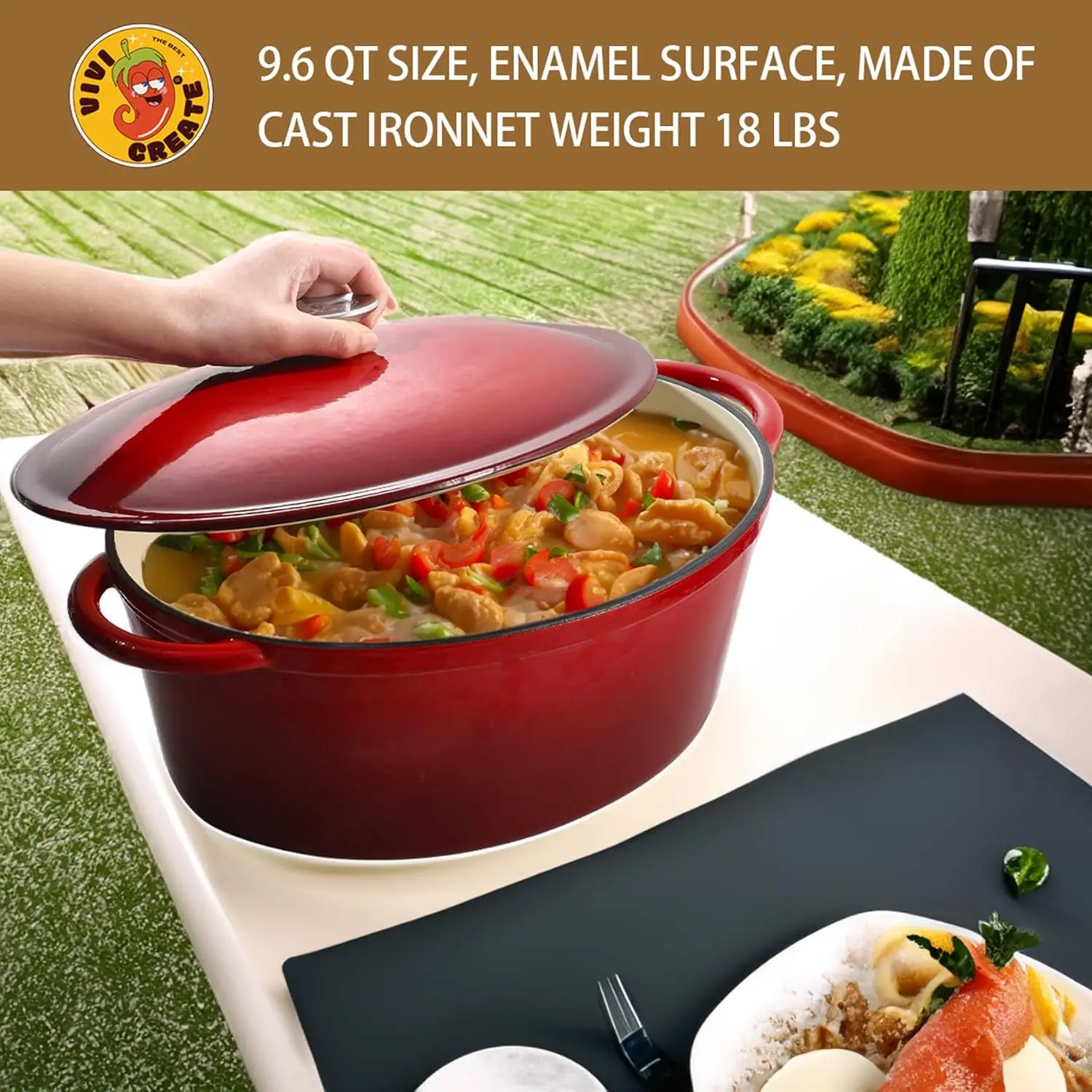 9.6 QT enamel cast iron dutch oven, red gradient color,cast iron pot (9.6 QT)