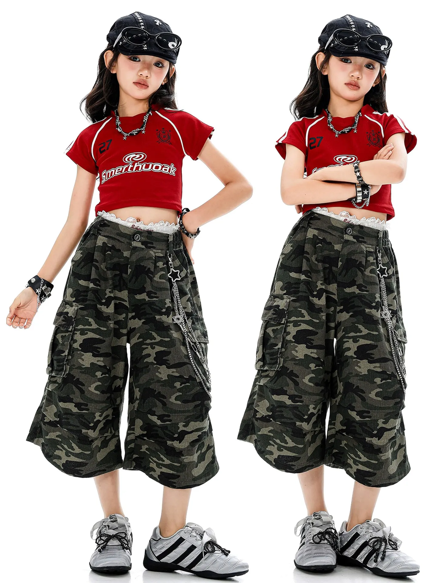 

Girls Jazz Dance Performance Clothes Trendy Kpop Dance Team Short Sleeve Top Camouflage Shorts Hiphop Street Dance Wear DQL11198