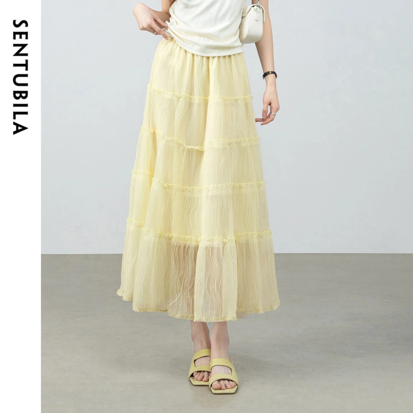 SENTUBILA Women's  Summer Mesh Skirt 2026New Elegant Light Pleated Elastic Waist Ruffle Trim Textured A-Line Skirt W62QL6400