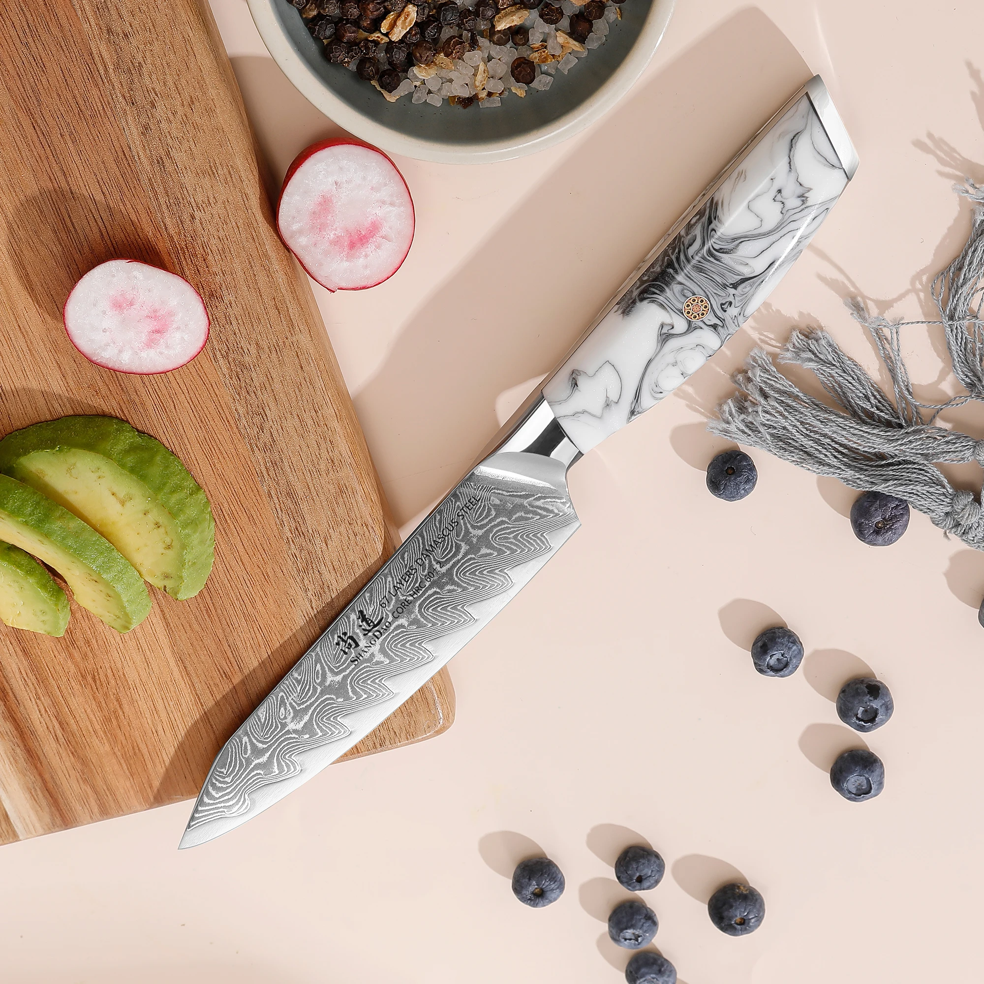 SHANGDAO 67 Layers Damascus Steel 5 Inch Utility Knife, Compact Kitchen Prep Knife, Full Tang Ink and Wash Resin Handle