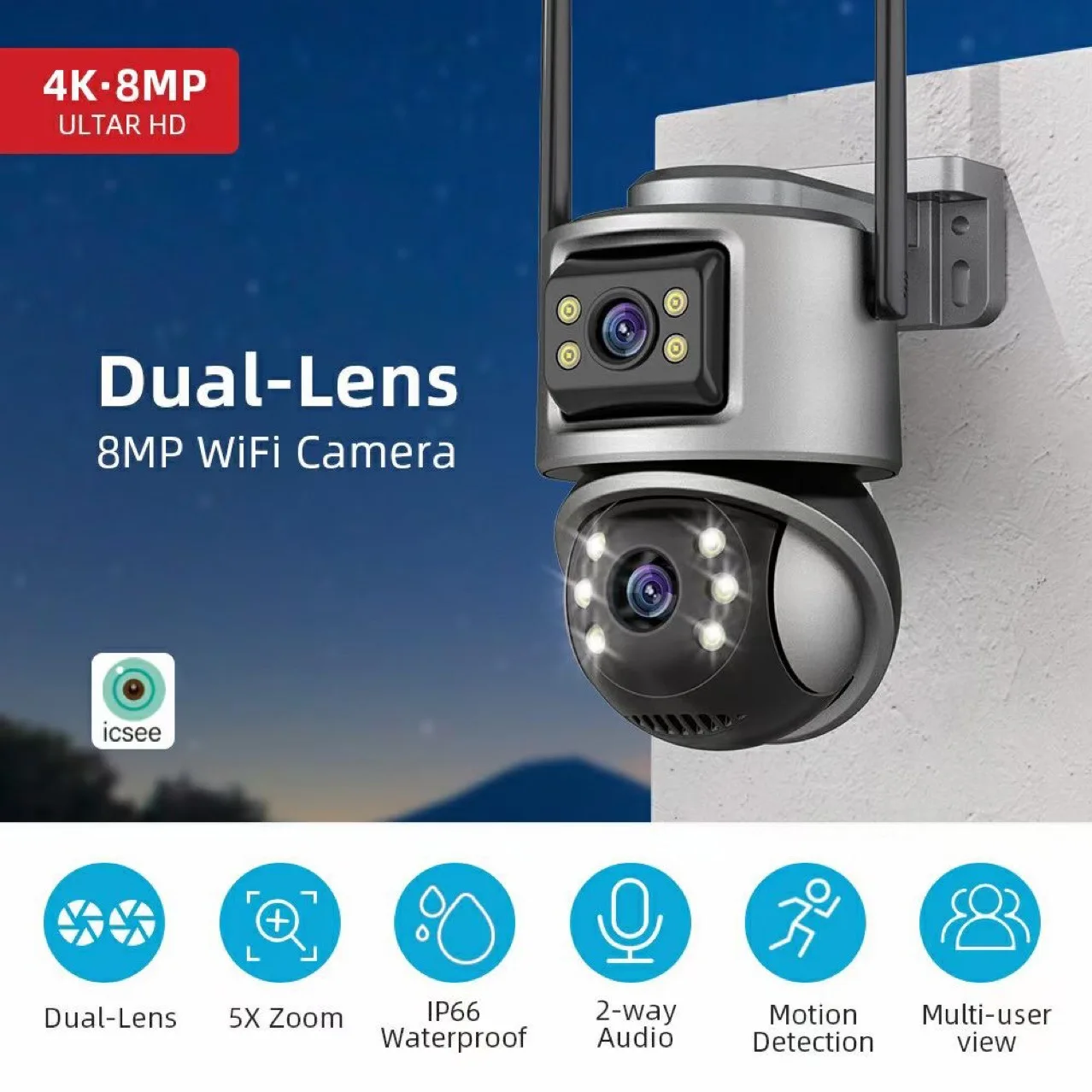 iCsee APP 8MP  5X Zoom Dual Lens Full Color Wireless PTZ IP Dome Camera AI Humanoid Detection Home Security CCTV Baby Monitor