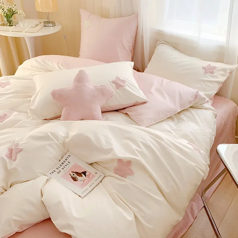 Pink girl heart cotton princess style four piece cute duvet cover made of 100 pure cotton