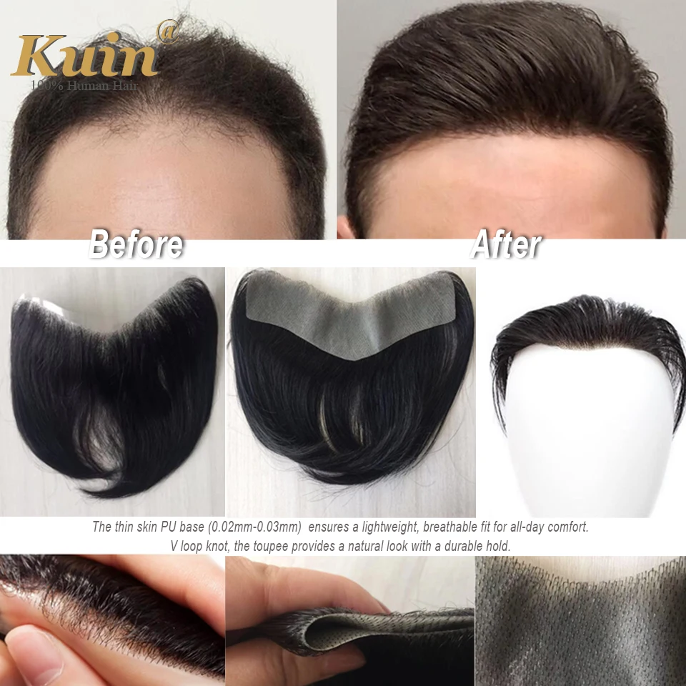 Rambut palsu garis rambut pria, hiasan rambut depan 100% rambut manusia prostesis bentuk V Topper warna hitam coklat untuk pria