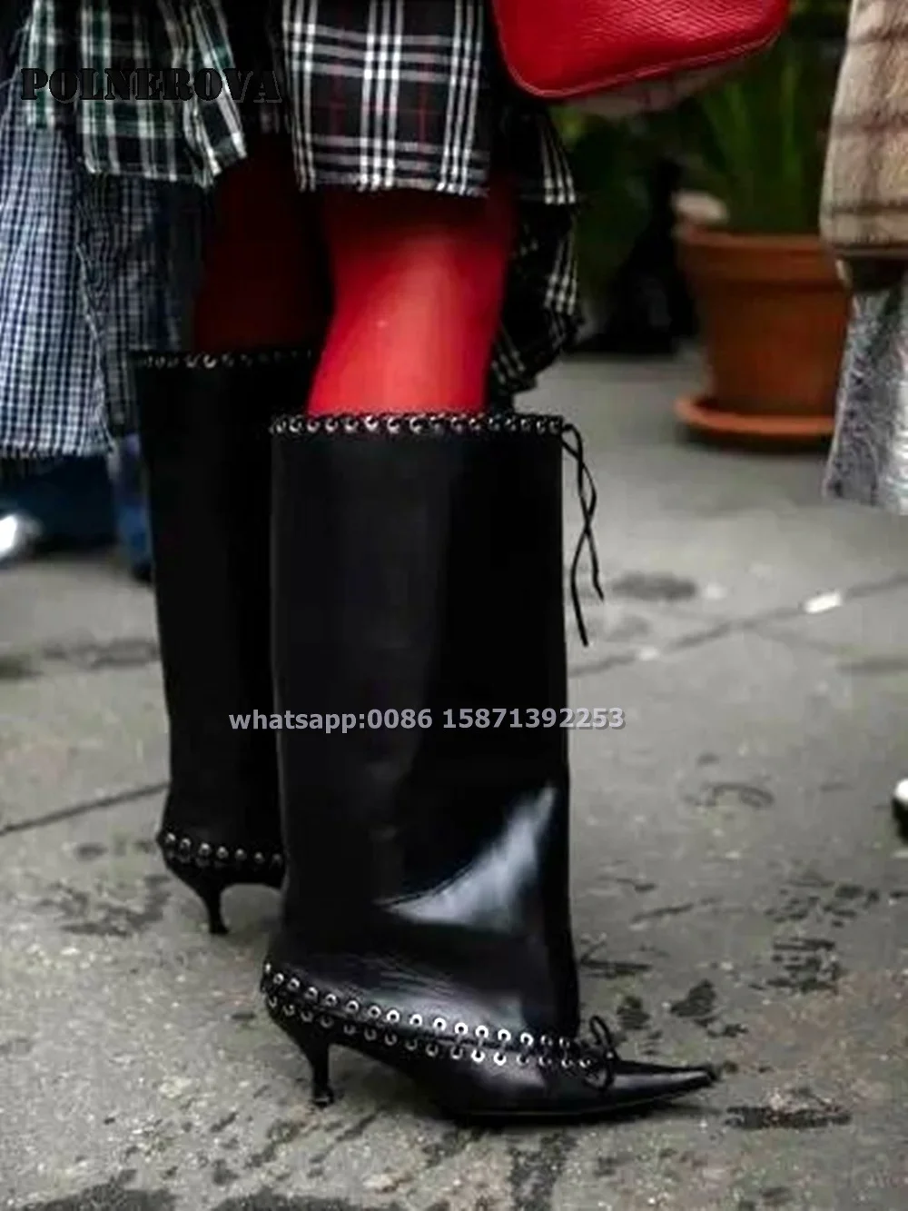 Bow Detachable Panel Black Boots Pointed Toe Stiletto Cross Tied Patchwork Knee High Boots Pull On Sexy Spicy Girl Modern Boots