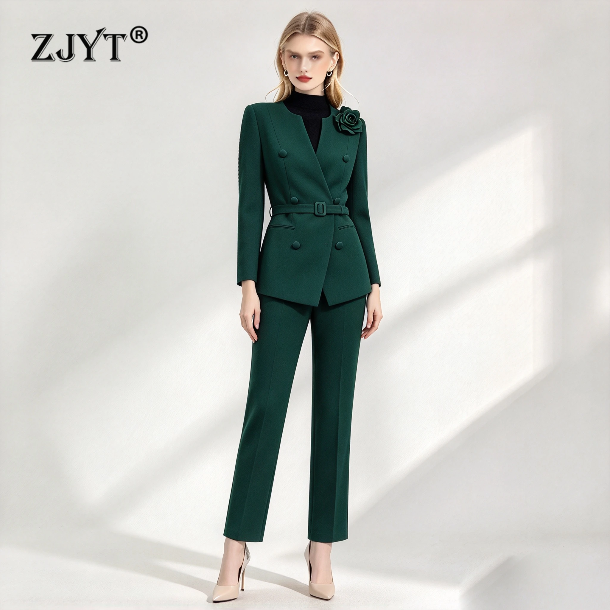 ZJYT Elegant Chic Women Blazer Suit with Pant 2 Piece Matching Sets Green Autumn Fashion 3D Floral Jacket Trousers Suit Workwear