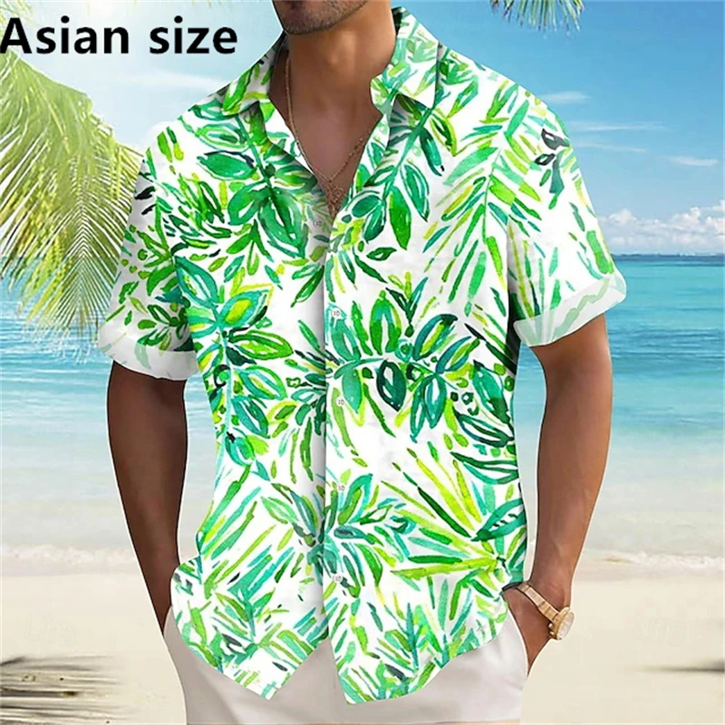 

2025 New Summer Men's Shirts Coconut Tree Tropical Flowers Printed Short Sleeve Tops Casual Shirts Hawaiian Shirt Button Shirts
