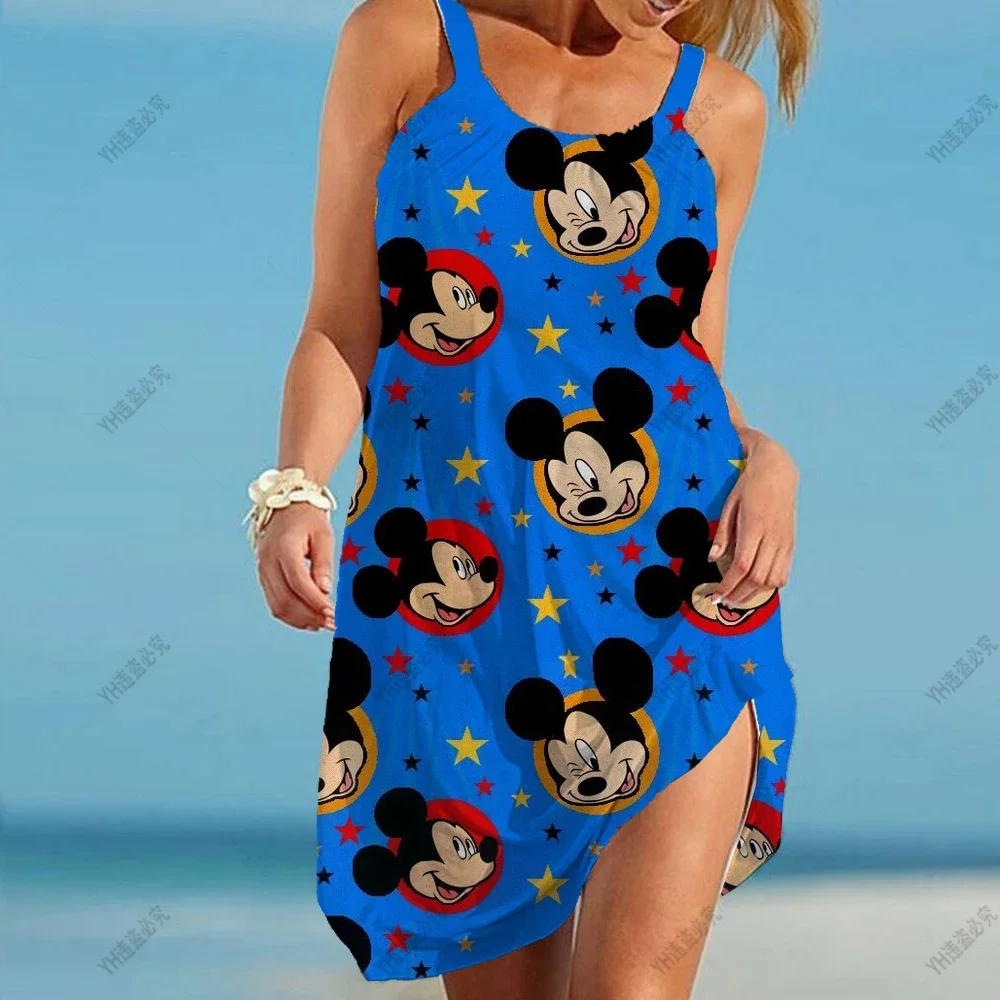 Summer Disney Minnie Mickey Mouse Women Sexy Beach Dresses 3D Tie Dye Rainbow Suspenders Vintage Beachwear Fashion Party Dress