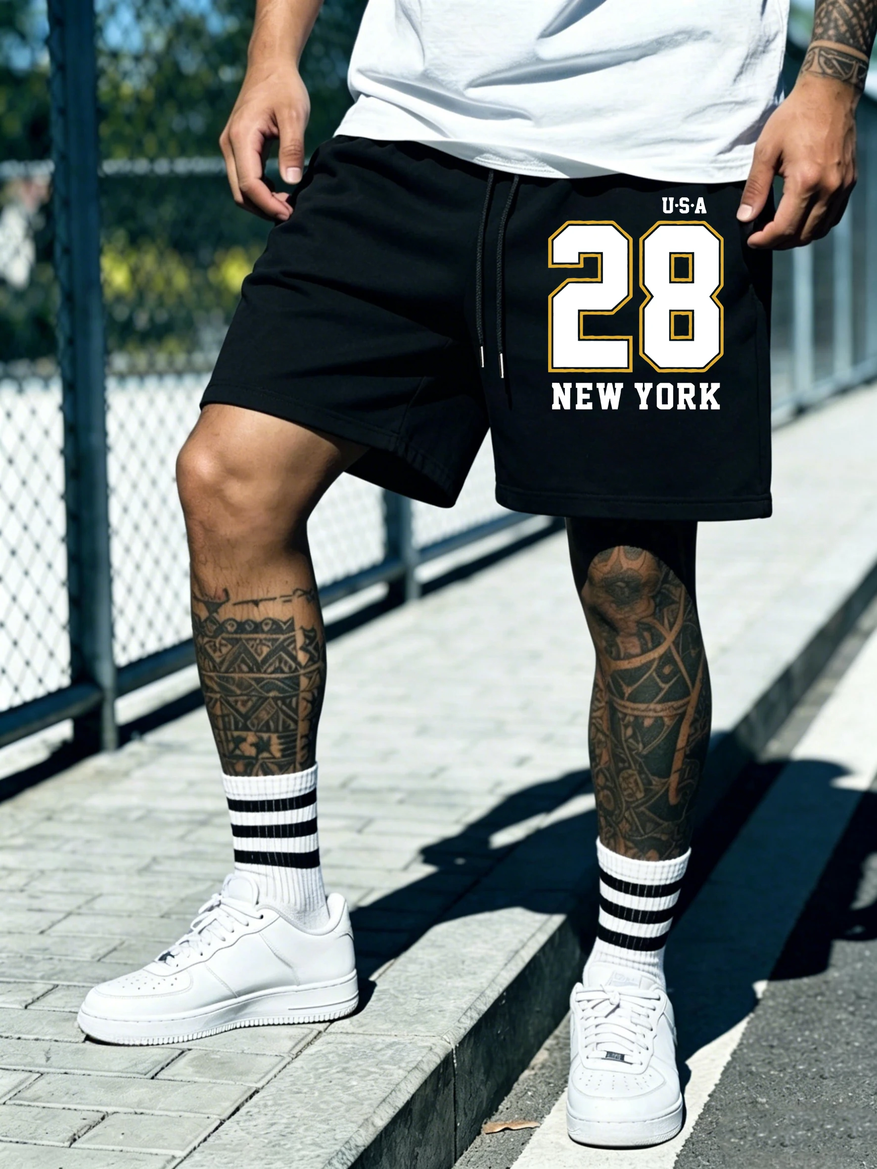 New York Usa Number 28 Print Pocket Mens Wide-Leg Pants Soft Street Fashion Sportpants Unisex All-Match Black Basics Shorts