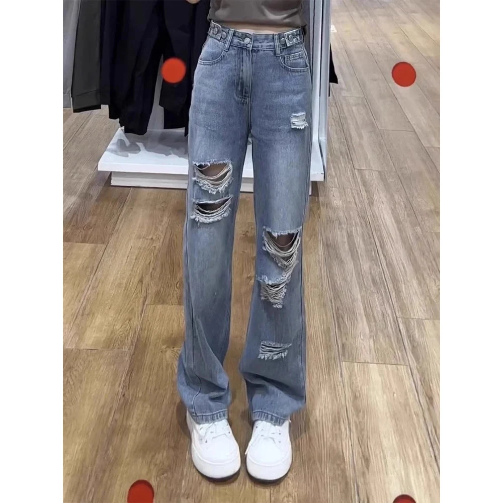 Jean coréen à trous pour femmes, pantalon Long en Denim, ample, taille haute, droit, grande taille, Cowboy, jambes larges, nouvelle collection printemps été