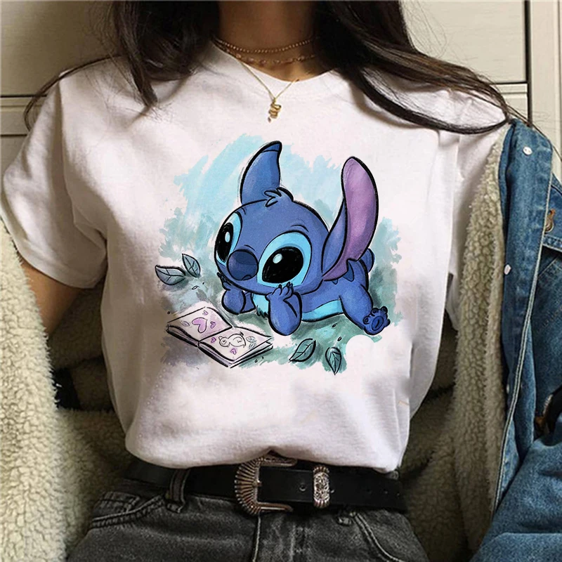 Camiseta de dibujos animados de Disney para mujer, Camiseta estampada de Lilo Stitch de los 90, ropa de calle, camisetas para mujer 2024
