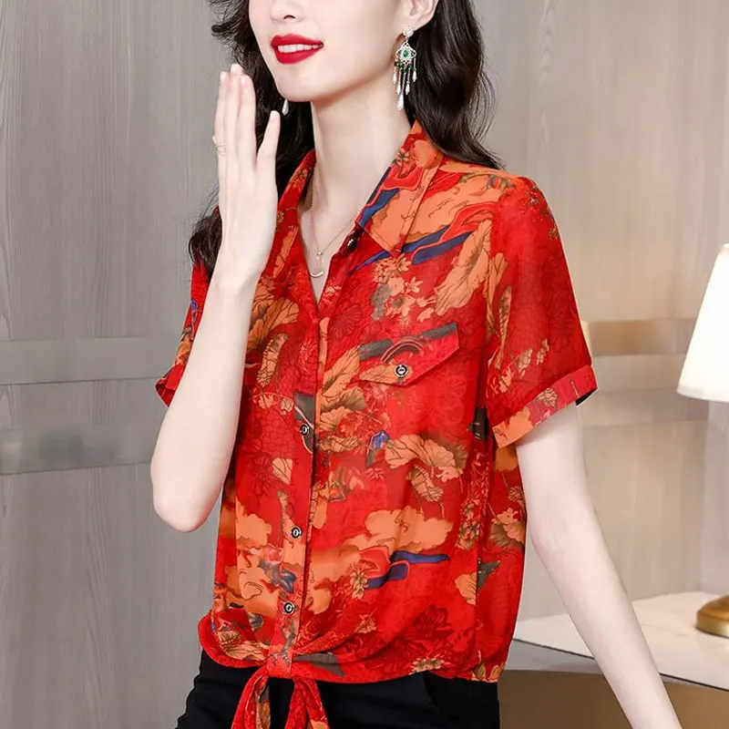 Office Lady Vintage Printed Shirt Stylish Bandage Summer Short Sleeve Single-breasted Female Turn-down Collar Spliced Blouse New