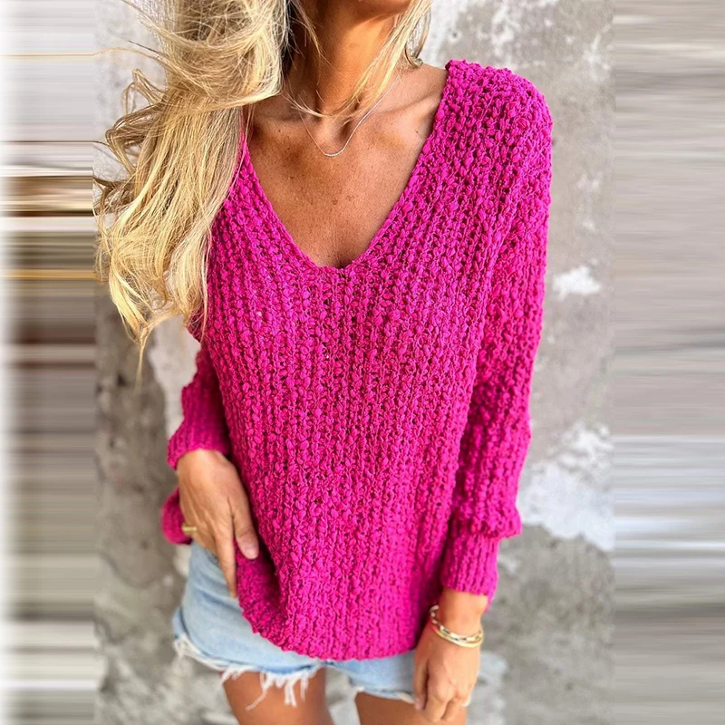 Fashion High Street Knitted V Neck Sweater Autumn New Casual Loose Women Commuter Jumpers Elegant Solid Long Sleeve Pullover