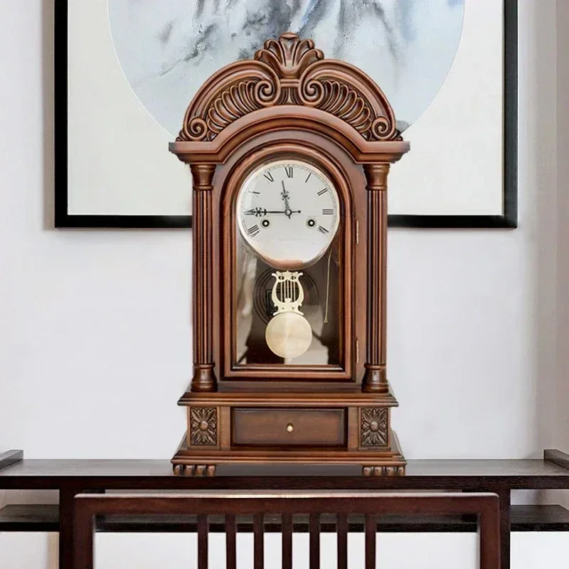 

Atmospheric retro solid wood mechanical seat clock copper core pendulum clock three-dimensional carved time clock Y
