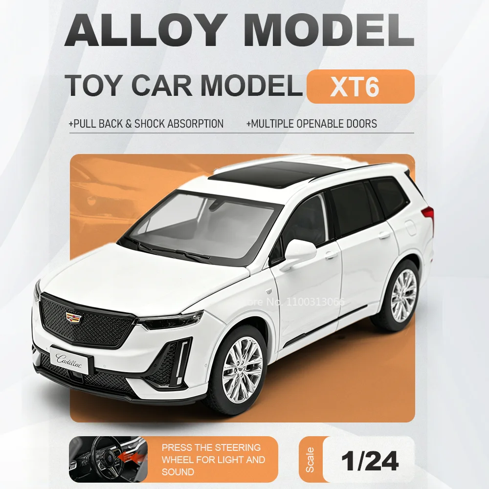 

1:24 XT6 X5M Miniature Car Alloy Diecast Toy Model Sound Light Front Wheels Steering Doors Opened Vehices Birthday Gifts for Kid