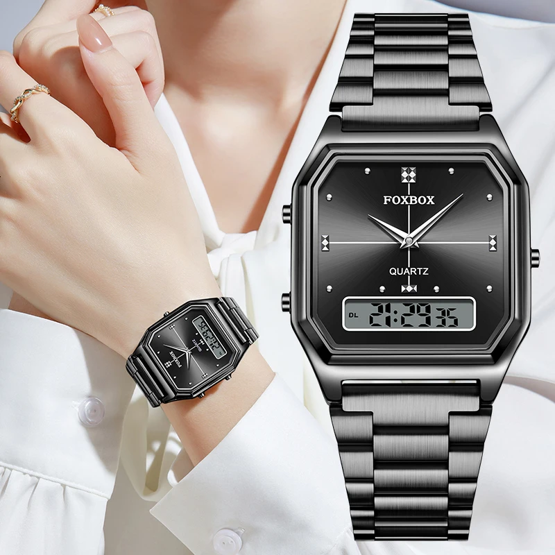 FOXBOX 2026 Women's Watch Digital Sports Watch Stainless Steel Electronic Waterproof Square LED Quartz Watch for Women reloj+BOX
