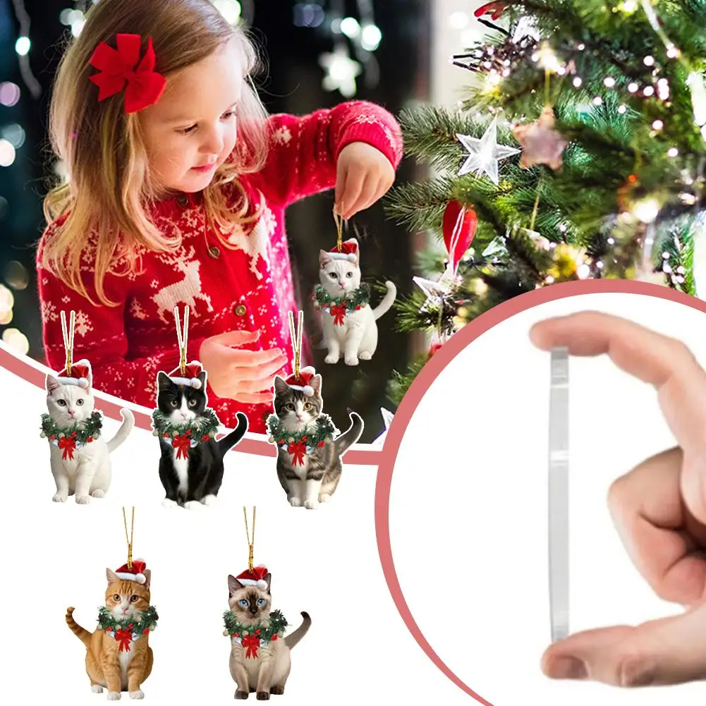 5PCS 2D Flat Acrylic Christmas Pendant Cat Xmas Wreath Bag Charm Pendant Car Hanging Ornament Funny Home Christmas Decoration