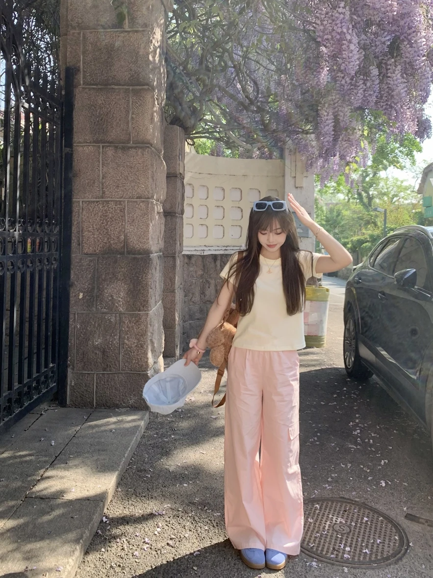 

Lo Yang Cheng Summer Pink Straight Leg Work Pants Women Loose Slim Elastic Waist Casual Long Trousers Commute Sle