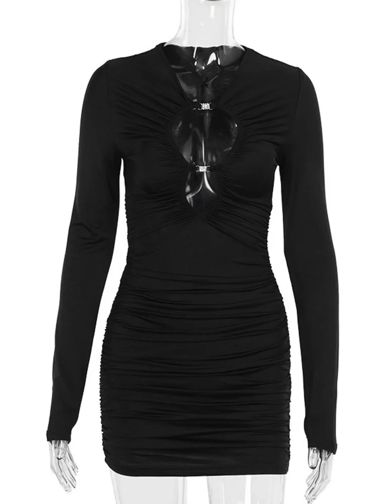Mozision Hollow Out Long Sleeve Sexy Mini Dress For Women Autumn Winter Ruched Dress Ladies Solid Bodycon Dress Clubwear New