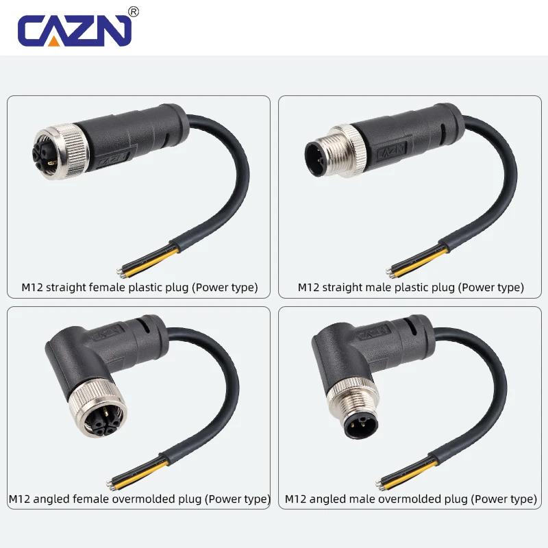 M12 L-Coded Overmolded Plug Unshielded Male Female 3 4 5 Pin 1/2/5m PVC Brass Contact IP67 High-Current Power Connector