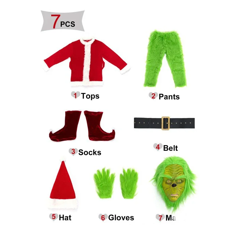 Kerstman Kostuum Set Kerstfeest Prom Volwassen Kostuum Rollenspel Halloween Kostuum Groen Shaggy Cosplay Pak Masker