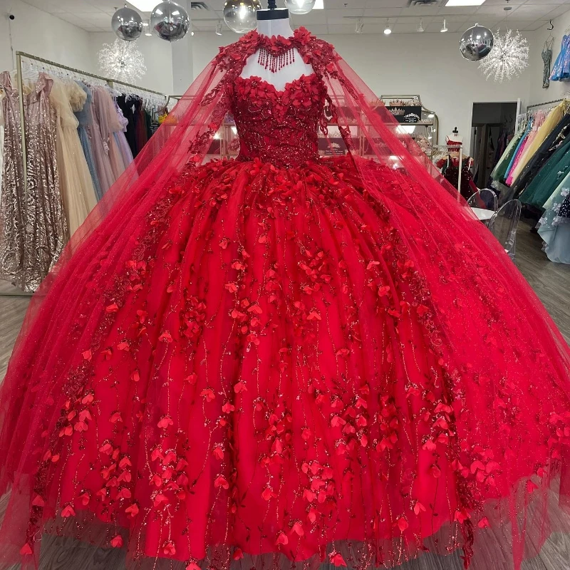 

Red Shiny Princess Quinceanera Dresses With Cape Handmade Floral Applique Beads Lace-up Corset Prom Vestidos de 15 años