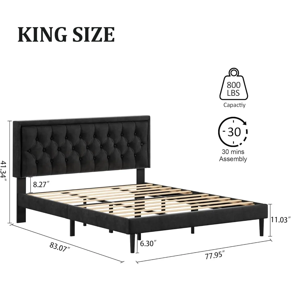 King Size Platform Bed Frame with Upholstered Velvet Button Tufted Headboard, Mattress Foundation with Wooden Slat Support