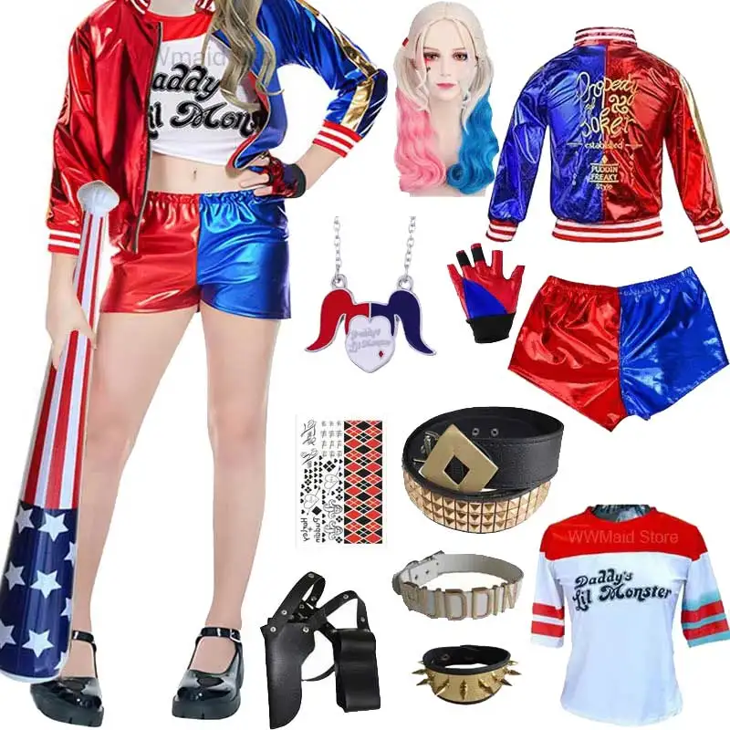 Meninas mulheres quinns traje suicídio harlee costurado jaqueta camisa calças colar acessório monstro cosplay traje de halloween