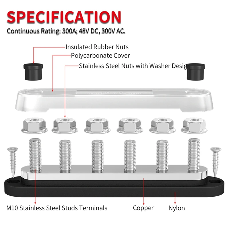 كتلة توزيع الطاقة بسبار السيارات ، 300A ، 12 فولت ، محطة M10 ، 48 فولت العاصمة ، السيارات والبحرية ، حافلة تأريض إيجابية