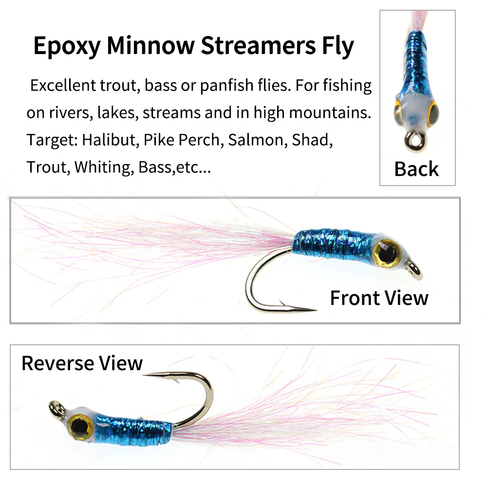 Bimoo 6PCS/Box Epoxy Minnow Streamer Fly #8 #10 #12 Blue Flash  Gliss Body Ice Dubbing Tail Trout Bass Perch Jig Lure Bait