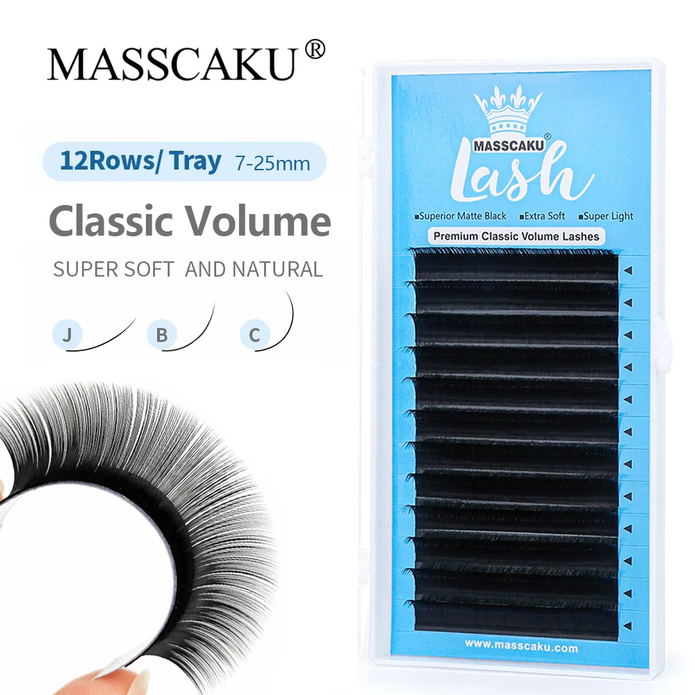 

Masscaku Lash Extension 12 Rows 0.10mm D Curl 8-15Mix Classic Eyelash Extension Matte Black Individual Lashes Custom Logo Lashes