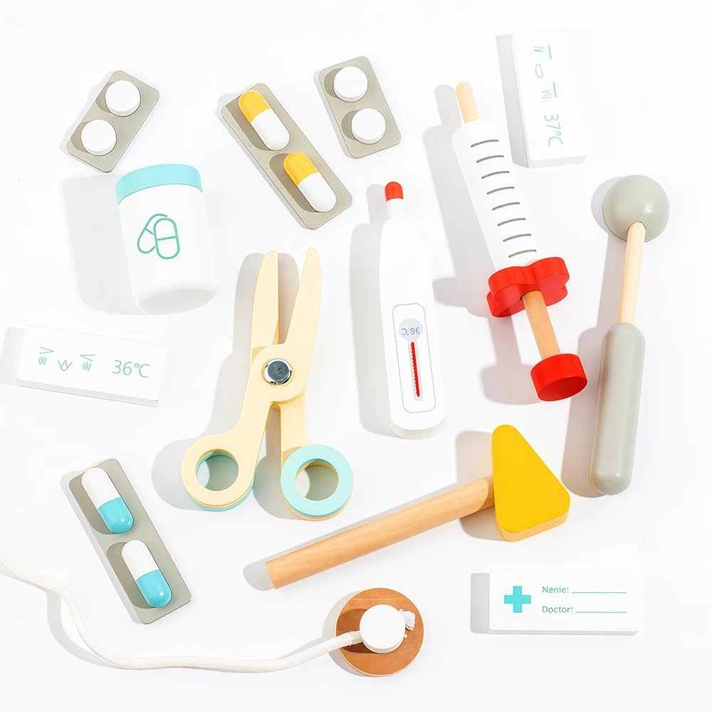 Wooden Doctor Kit Pretend Play Toys Simulation Role Playing Games Medical Playset Early Educational Toys For Boys Girls Ages 3+