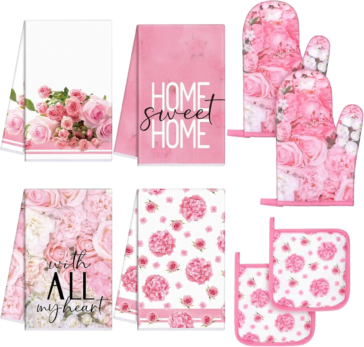 

8 Pcs Pink Rose Kitchen Towels & Oven Mitts Set - Absorbent & Heat Resistant