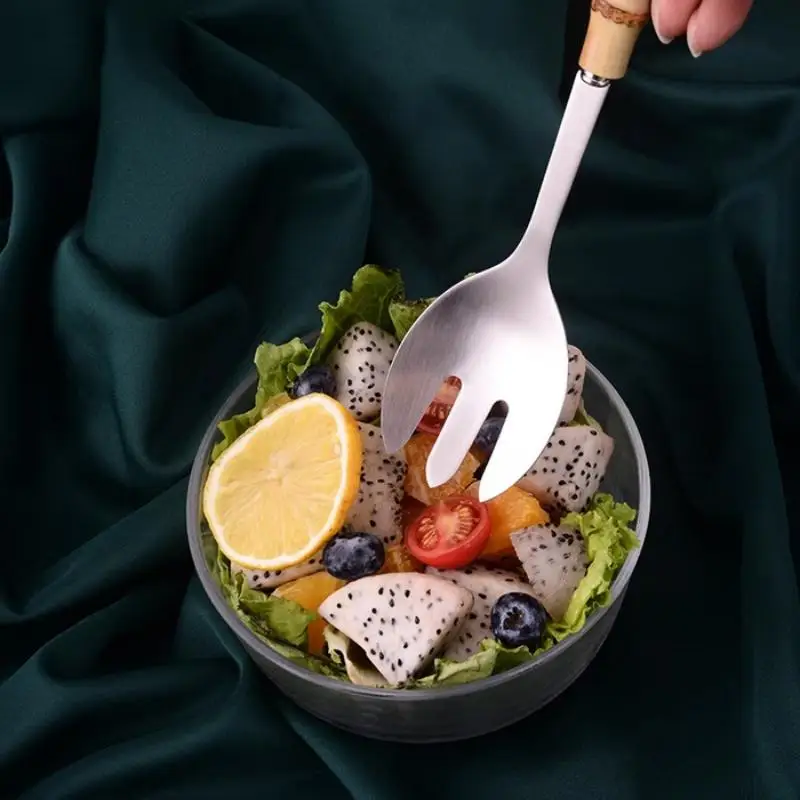 1pcs Bamboo Handle Dinnerware Salad Fork Spoon Cutlery Mirror Stainless Steel Flatware Western Home Kitchen Tableware