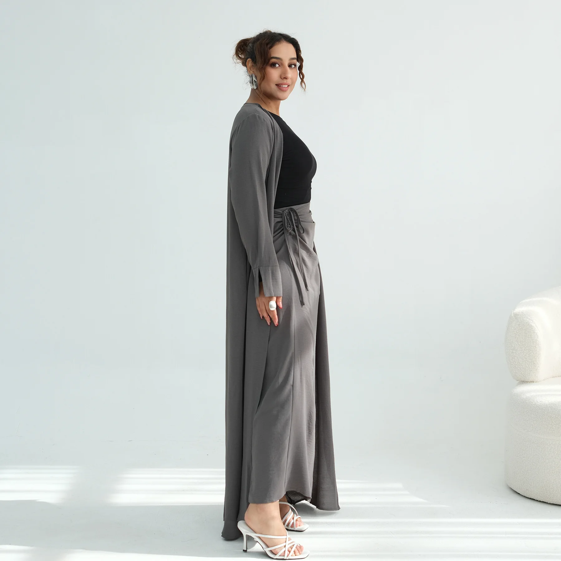 

2026 Muslim Sets Women Muslim Long Kimono Cardigan Skirt 2 Piece Dress Dubai Open Abaya Turkey Kaftan Islamic Jalabiya Outfits