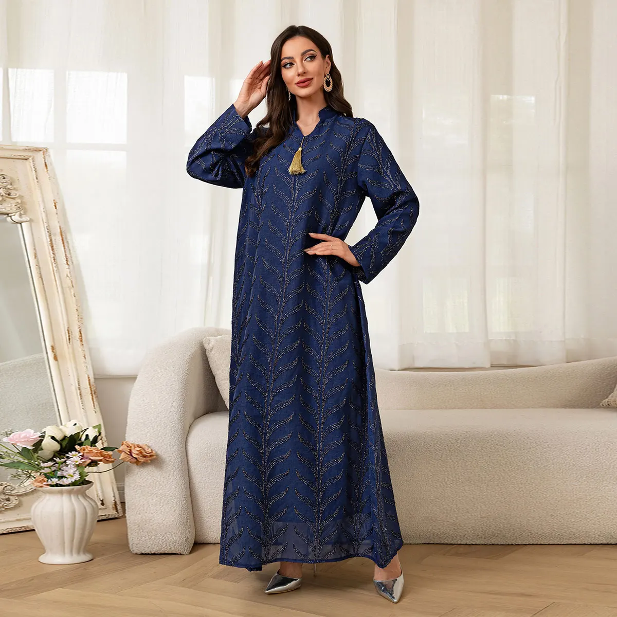 

Muslim Islamic Abaya Long Gown for Women with Golden Floral Embroidery Modest Fashion for Middle East Saudi UAE Qatar Oman Bahra