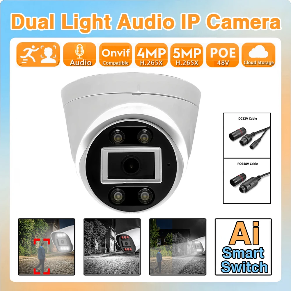 AI Indoor Dome IP Camera 5MP 4MP Audio Mic POE Full Color Infrared Dual Light RTSP Xmeye for Advanced Home and Business Monitor