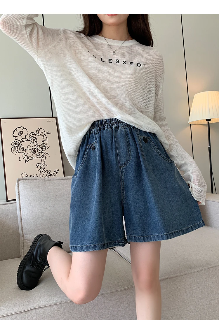 New 2025 Summer Plus Size Denim Shorts For Women High Elastic Wasit Wide Leg Loose Blue Jean Short Women Streetwear Half Jeans