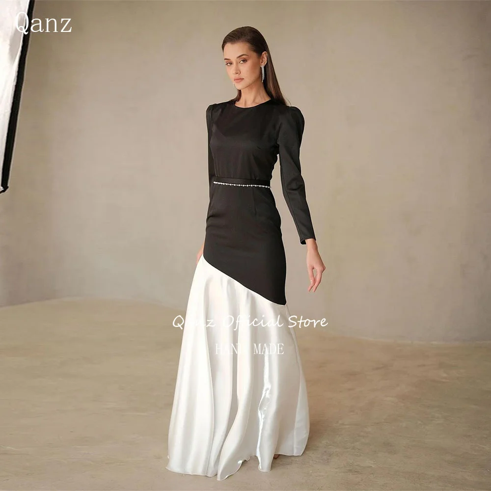 Qanz Saudi Arabia Elegant Evening Dresses Long Sleeves Formal Occasion Dresses Black White Robe De Soiree Femmes Customized