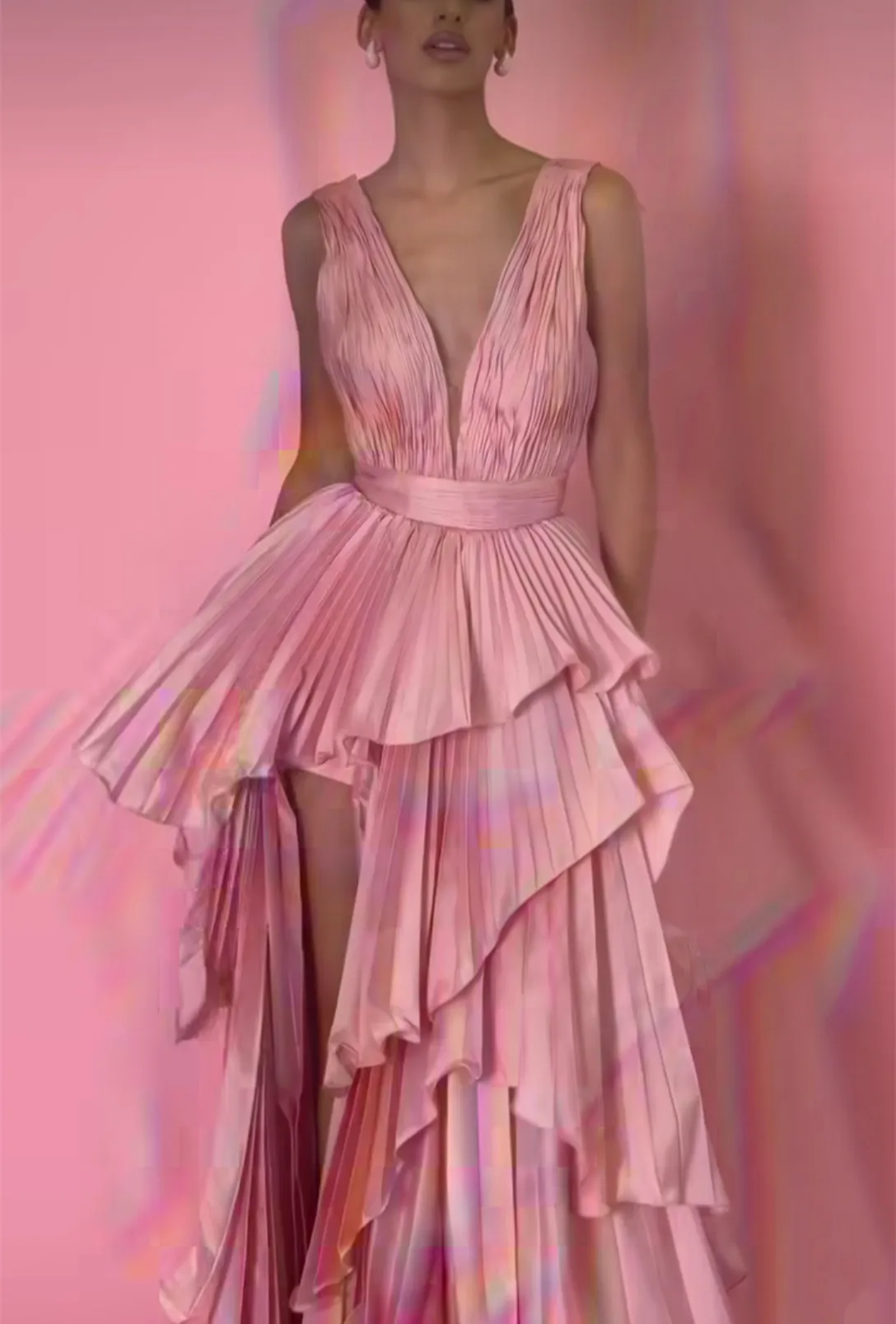 Customized Long V-Neck Evening Dresses Ruffles/Slit A-Line Taffeta فساتين الحفلة Watteau Train Prom Dress for Women