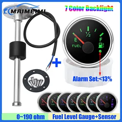 Waterproof 52mm Fuel Level Gauge with Flash Alarm+Oil Float Sensor 0-190 OHM Fuel Tank Meter 7Color LED for Car Yacht 12V Custom