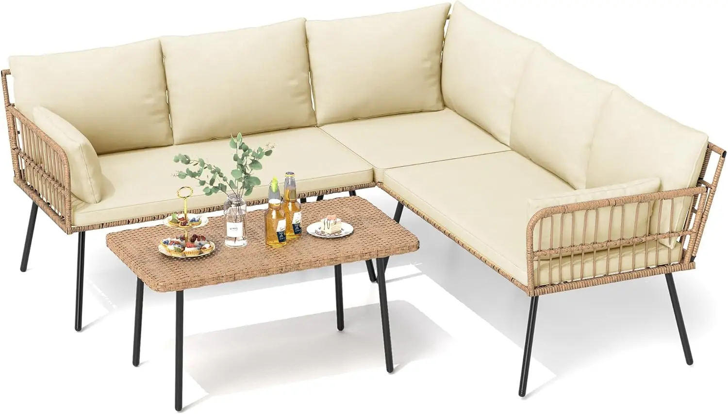 Conjunto de muebles de mimbre para Patio, conjunto de conversación de Patio seccional desmontable con cojines y mesa, 4 piezas