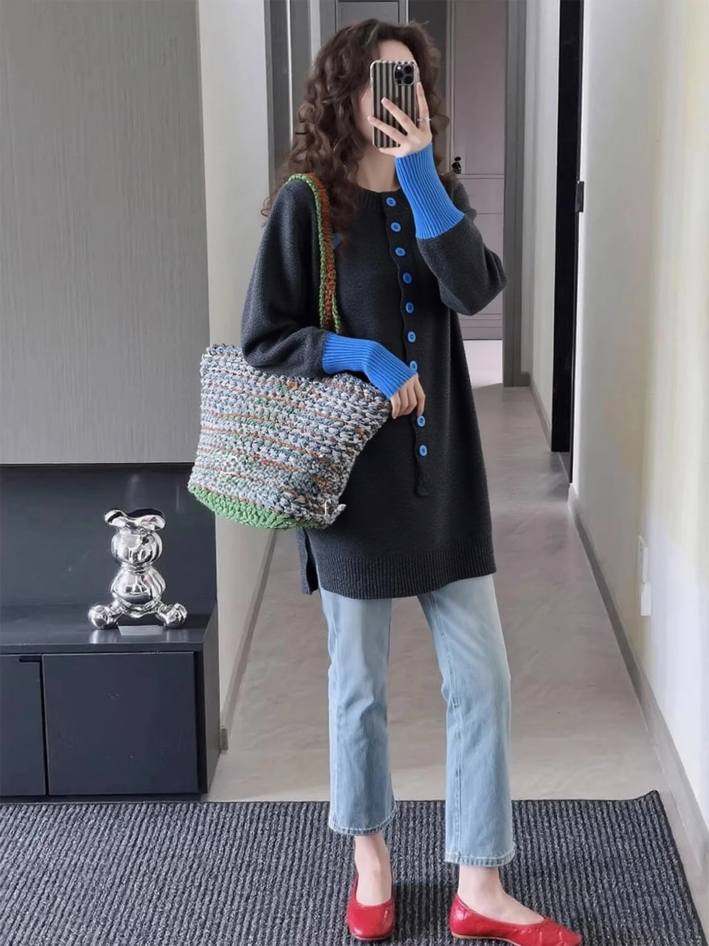

Rouje Kefss Korean Style Lazy Matching Color Block Mid-Length Women's Sweater Autumn Winter Versatile Loose Fit Cardigan