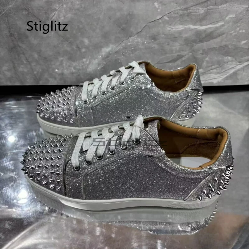 Silver Rivet Business Casual Sneakers Shoes for Men Round Toe Dress Office Work Shoes Spring Autumn Couple Lace Up Male Shoes